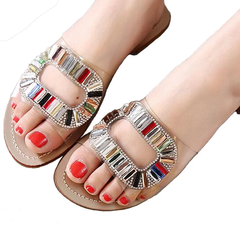 Распродажа! Разноцветные стразы женские сандалии Летние слипоны на плоской
