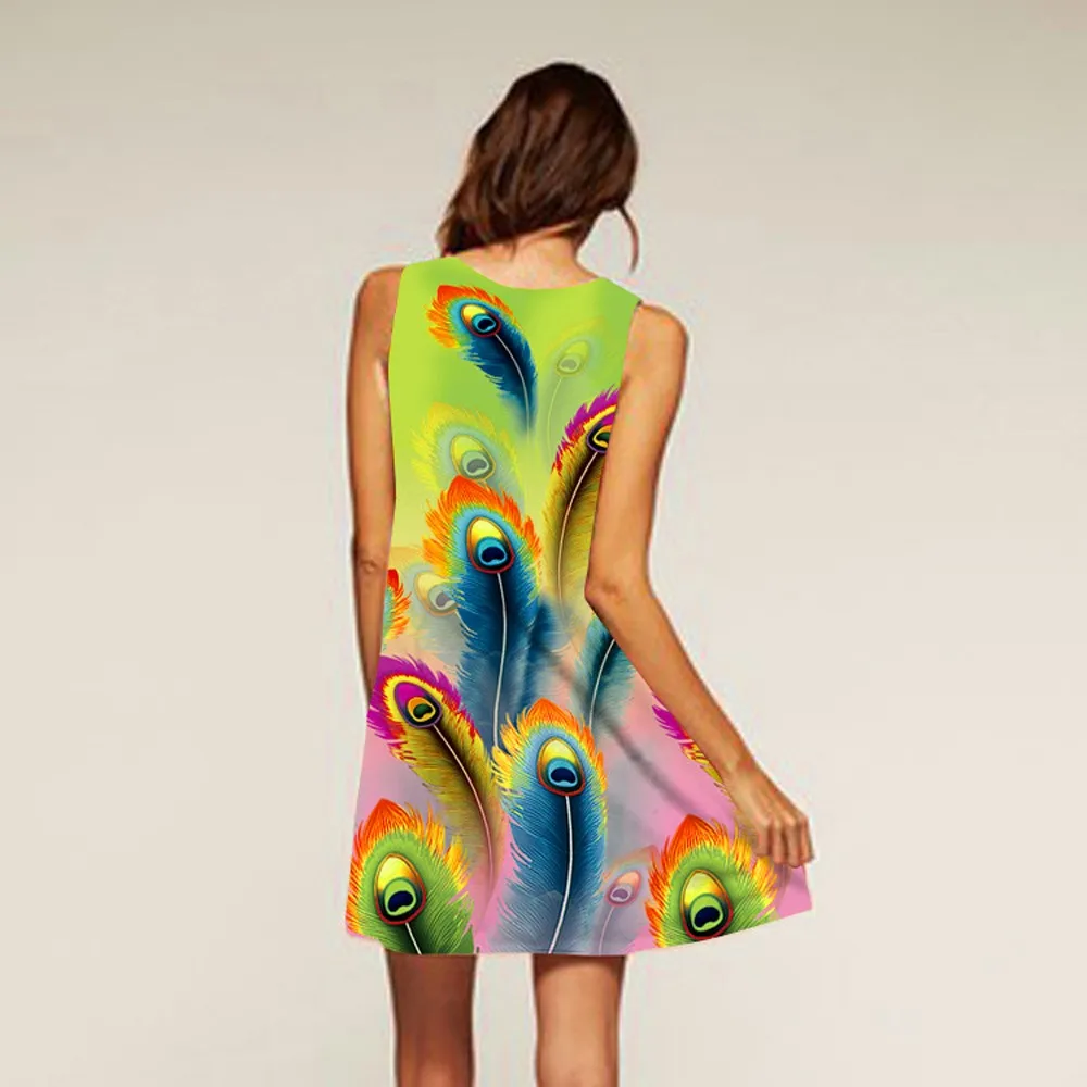 Винтажный Boho женский свободный пляжный сарафан без рукавов с 3D цветочным принтом