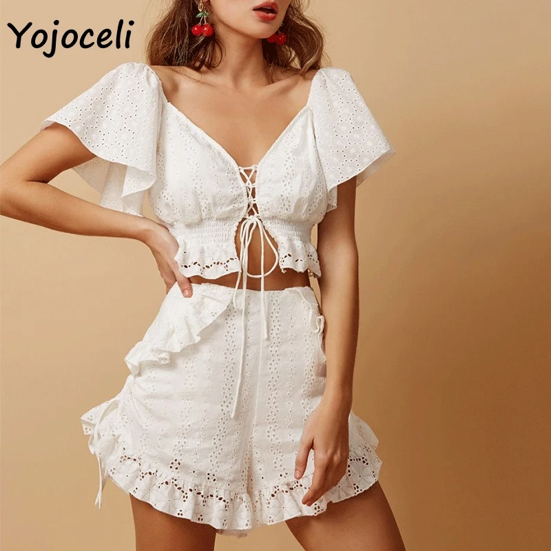 Женский хлопковый комбинезон с вышивкой Yojoceli пляжный в стиле бохо оборками лето