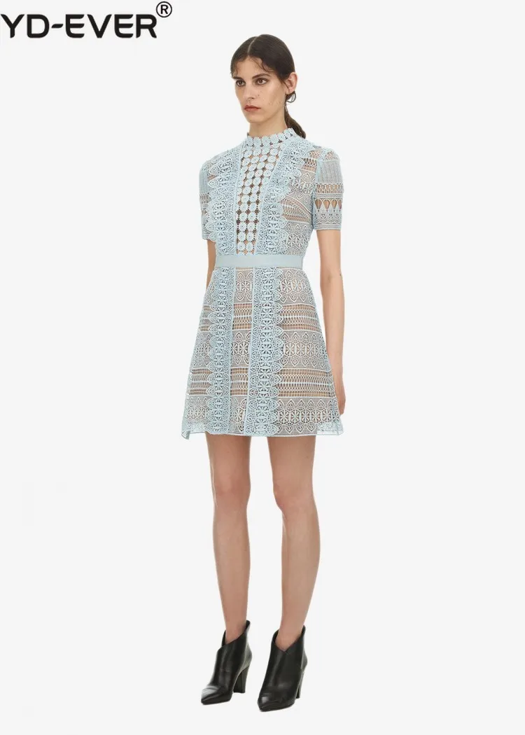 Vestidos mujer посмотрите на дешевое вырез Мода светло голубой короткий рукав трапециевидной формы для женщин кружево платье для год Vestidos kerst jurk