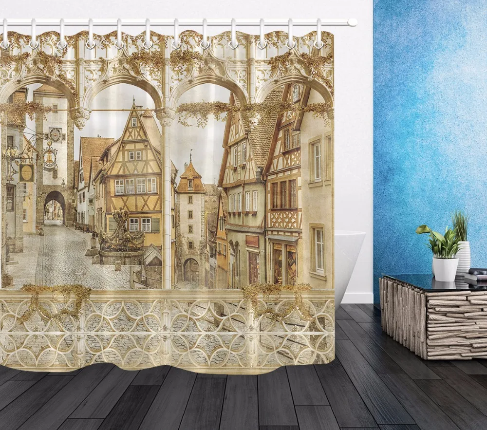 

Роскошная штора для душа, старый балкон с цветами и видом на улицу, ванная комната, водонепроницаемая, удлиненная, полиэстер, ткань для декор...