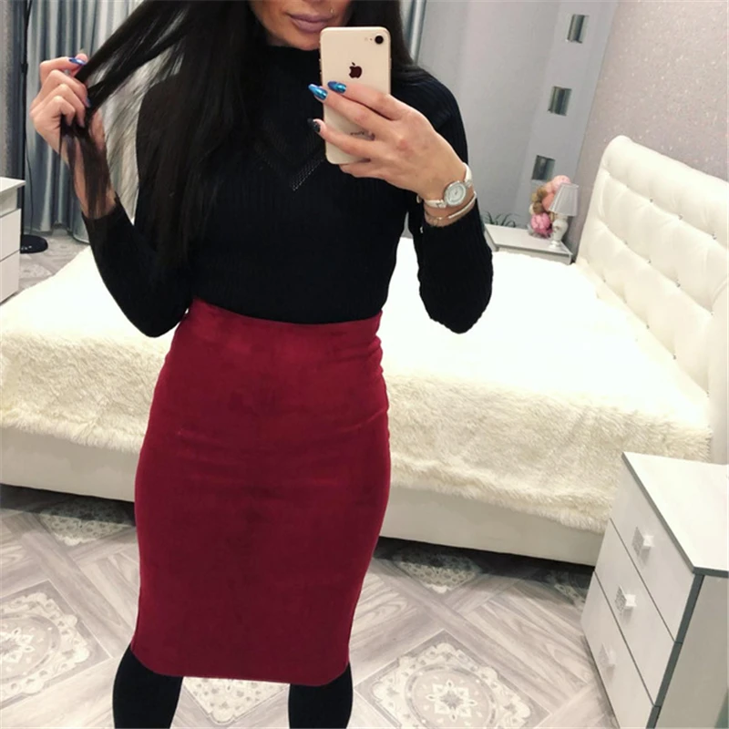 Multi colors Women Skirt Autumn Winter Solid Suede Work Wear Package Hip Pencil Midi Back Split Bodycon B95591 | Женская одежда