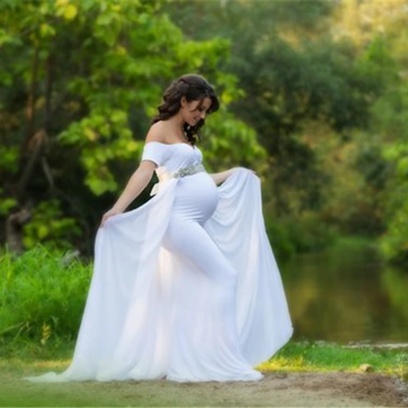 Для беременных фотография Prop плащ платье шифон короткий рукав лето белый Макси