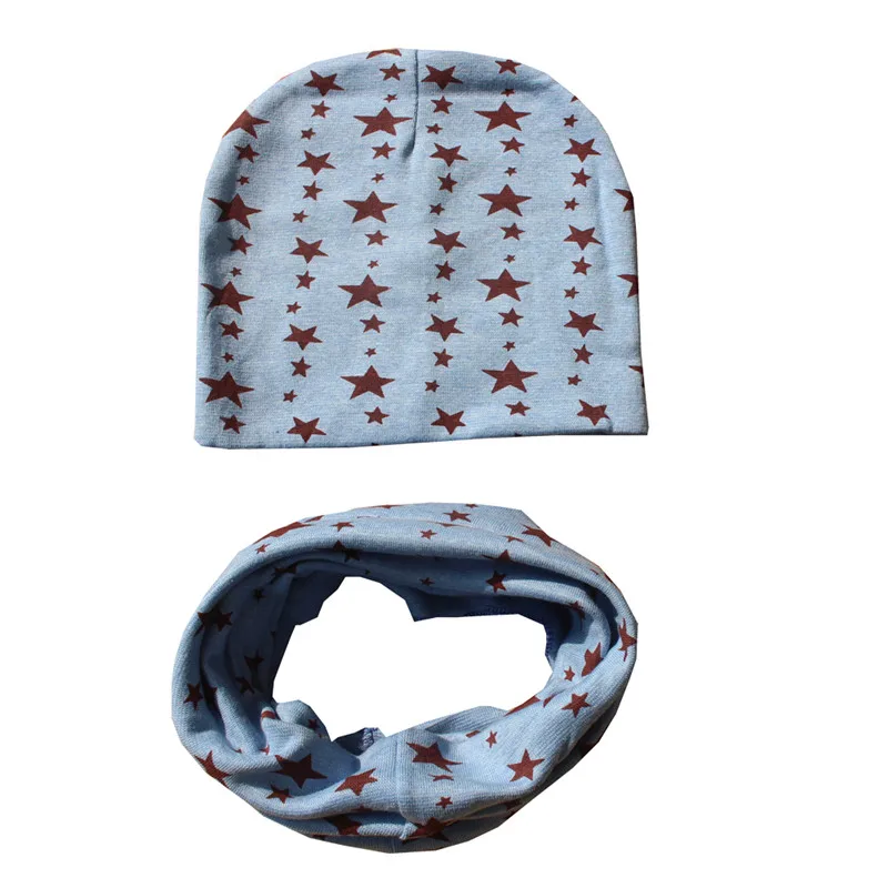 stars sky blue Новая весенняя шапка для девочек, осенне-зимняя мягкая детская шапка, вязанная шапка для мальчика, Милый хлопковый Детский шарф с кольцом и воротником, детская шапка, набор шарфов - Цвет: stars sky blue