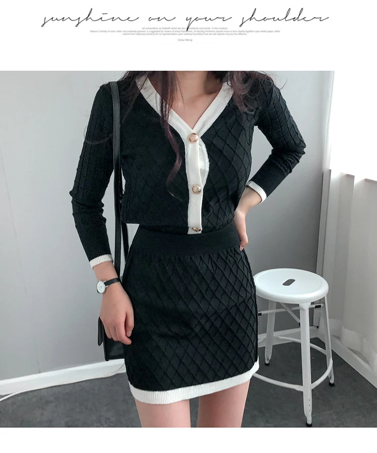 H Han queen/Новые Модные Цветные костюмы в Корейском стиле, вязаный кардиган с v-образным вырезом, топ и облегающая юбка с высокой талией, OL, комплект из 2 предметов