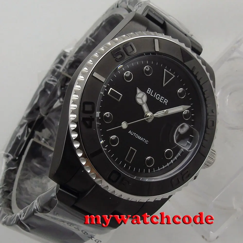 

40mm Bliger black dial PVD ceramic bezel sapphire glass automatic mens watch 173