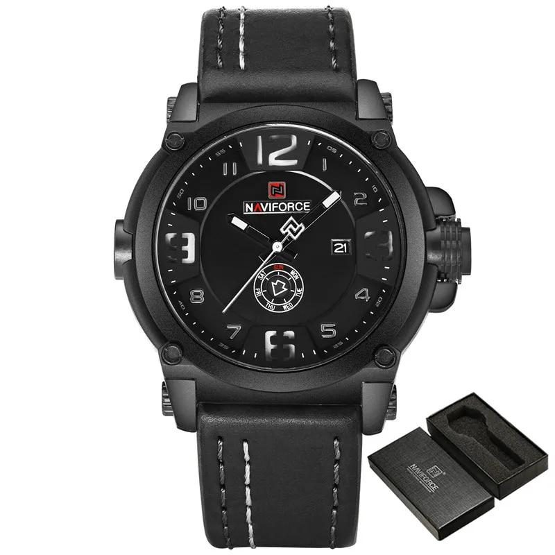 Мужские часы NAVIFORCE, спортивные водонепроницаемые мужские часы, военные армейские деловые кварцевые мужские часы с кожаным ремешком, 9099 - Цвет: NA909901with box