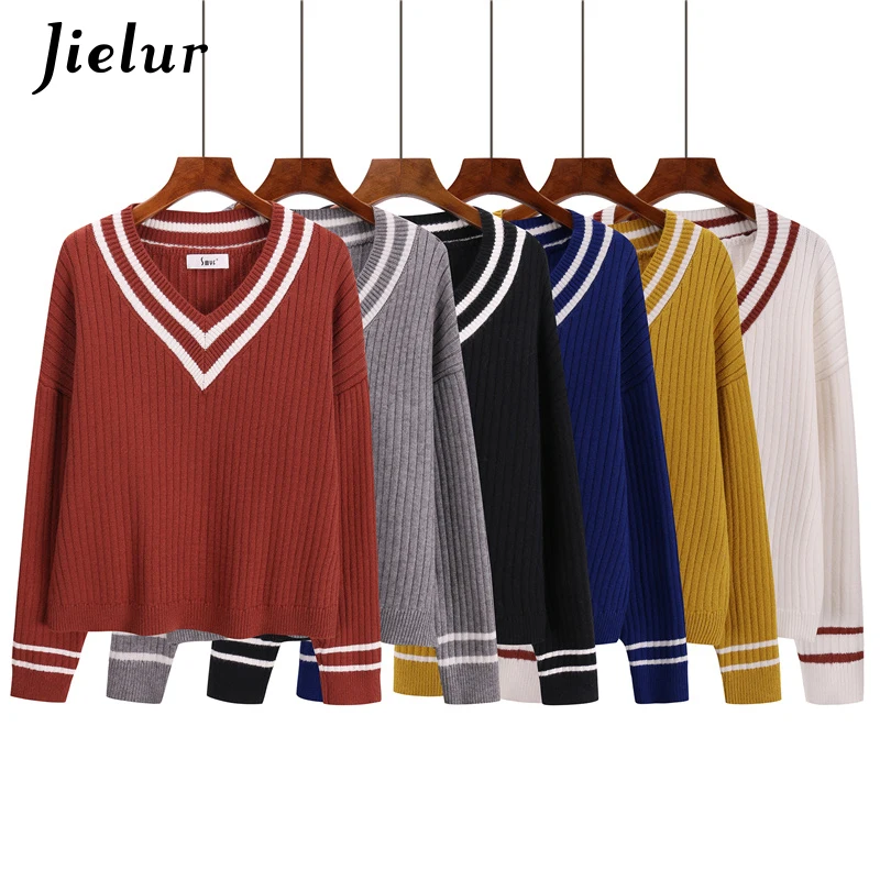 Jielur Crop Top Sweater Striped V-neck Korean Classic College Student Female Loose Sweaters Fashion 2019 Women Knitwear | Женская одежда
