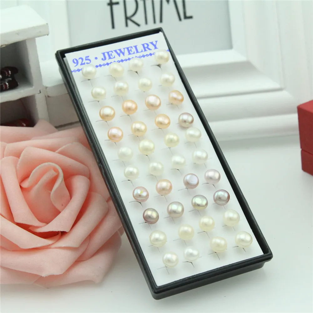 

40pcs 925 sterling silver earrings Female mixed color silver inlaid natural pearl earrings Round pearl women stud earrings 6mm