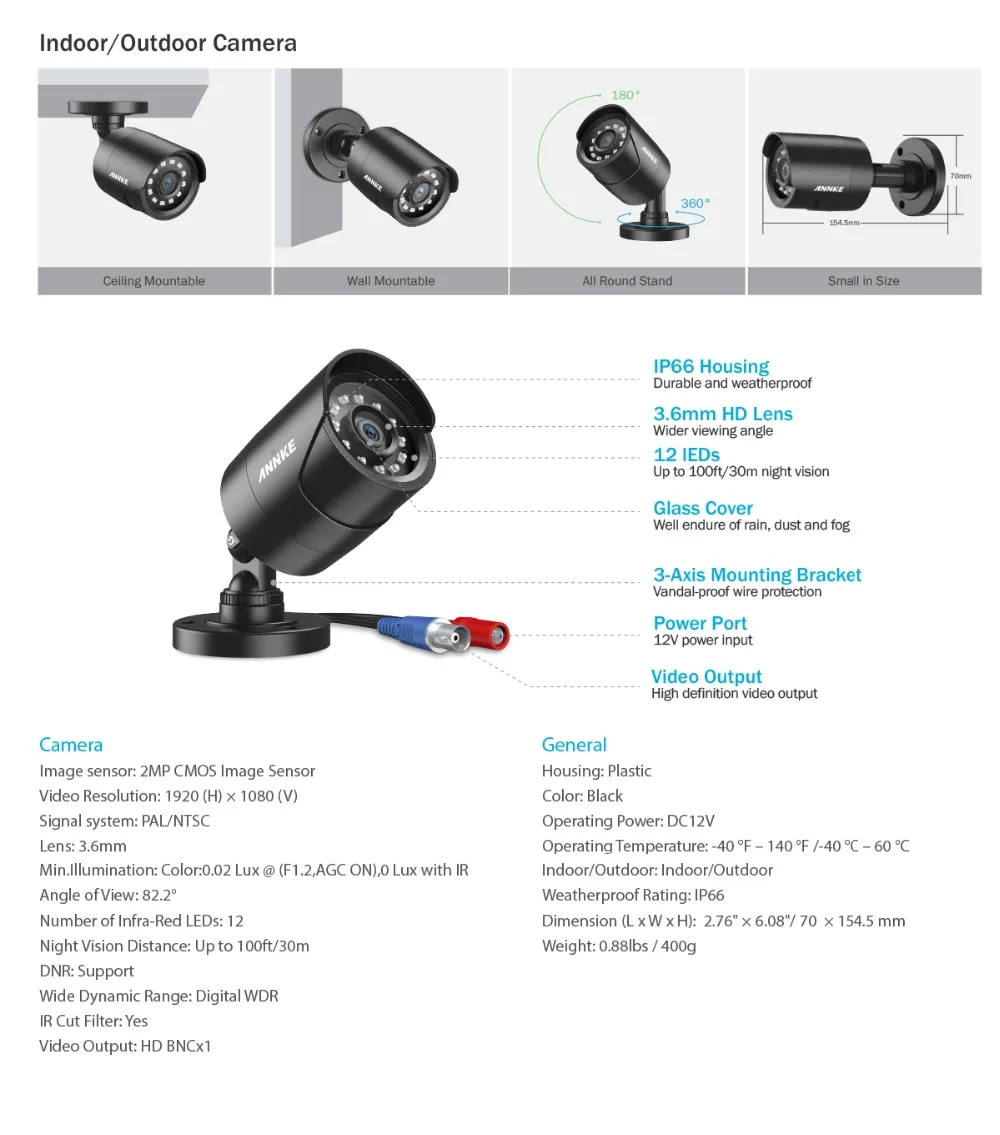 ANNKE 4CH 1080P охранная видео CCTV система 5в1 1080N H.264+ DVR с 4X HD TVI Смарт ИК Пуля Всепогодная камера наблюдения