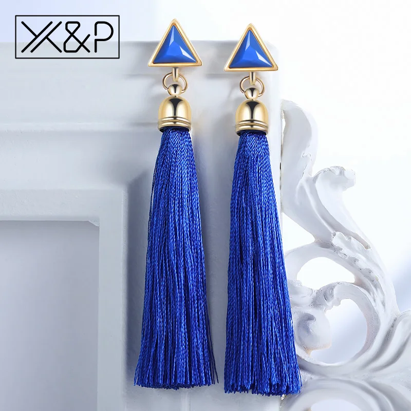 X& P модные богемные этнические длинные геометрические висячие серьги с кисточками для женщин, вечерние висячие серьги из хлопка с металлическим треугольником, ювелирные изделия