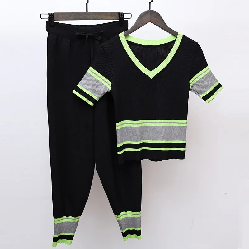 Женский трикотажный костюм в полоску комплект со штанами и 2 шт. Новинка лета