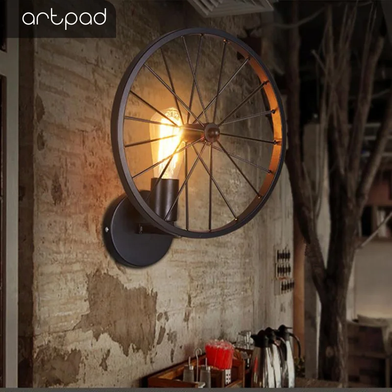 

Artpad Industrical Wind Vintage Iron Cage Wall Lamp Wheel Sconces Bar Restaurant Loft AC90-260v Wall Mounted Bracket Light