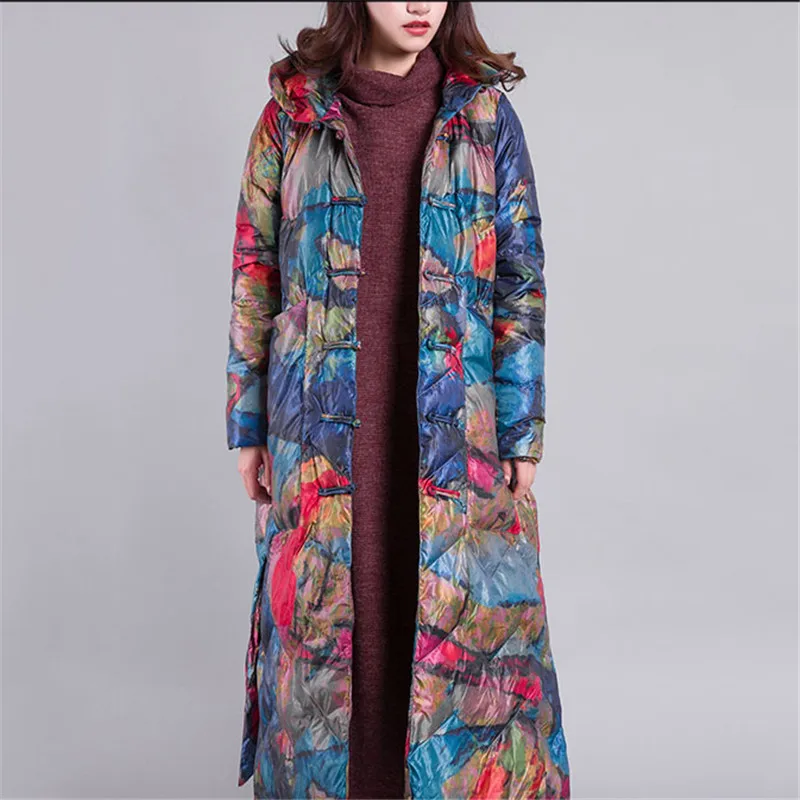 Женский зимний пуховик большого размера с принтом в национальном стиле новинка