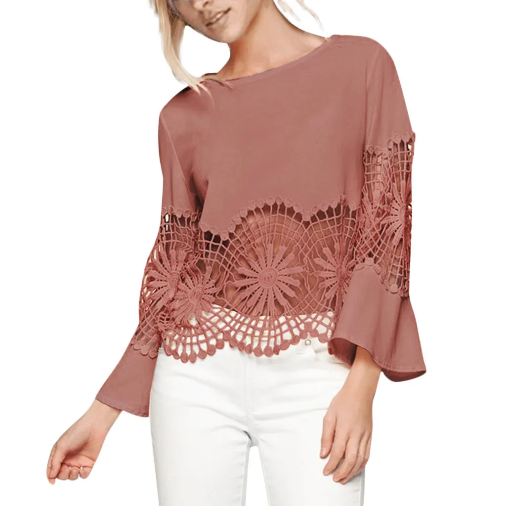 Модная женская блузка Camisas Mujer, одноцветная, с круглым вырезом, с кружевной вставкой, с полым подолом, Chemisier Femme, топы, блузки для женщин