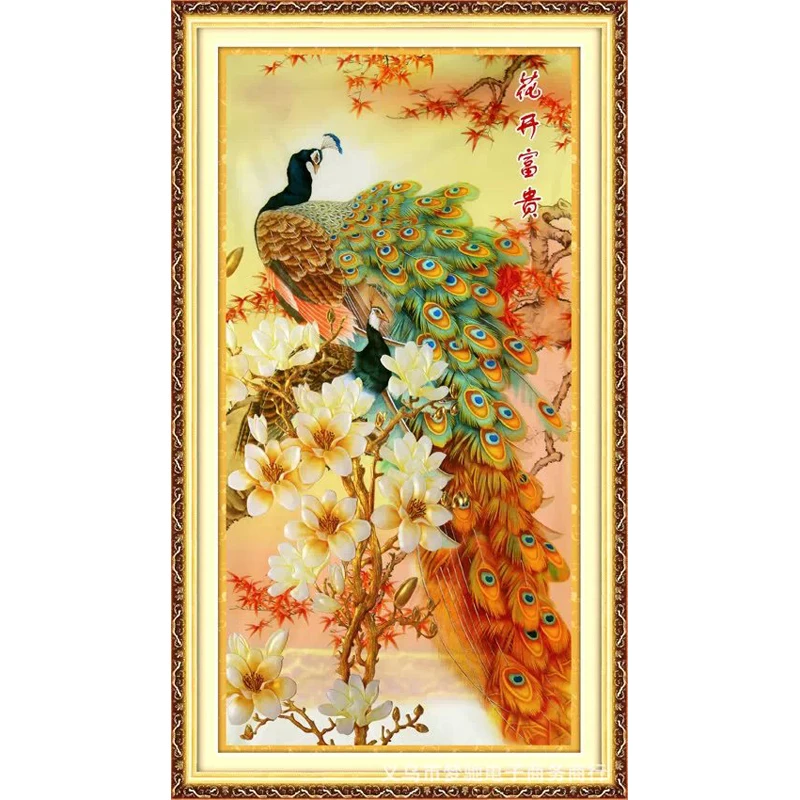 Bordado de punto de cruz chino de 86x165cm, kit de bordado artesanal, patrón de impresión de pájaro de la Paz de La Fortuna dorada, decoración de pavo real, hilos de seda