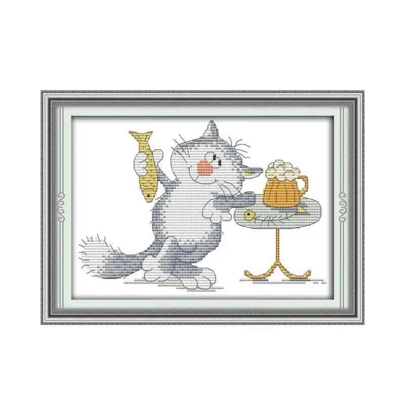 Kitten to eat fish hand-embroidered cross-stitch kit small simple and easy embroider furniture decoration sewing embroidery | Дом и сад