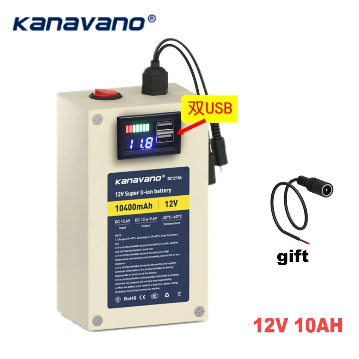 12 В перезаряжаемый аккумулятор 10А 20А с двумя USB BMS портативный супер емкость литий-ионный аккумулятор