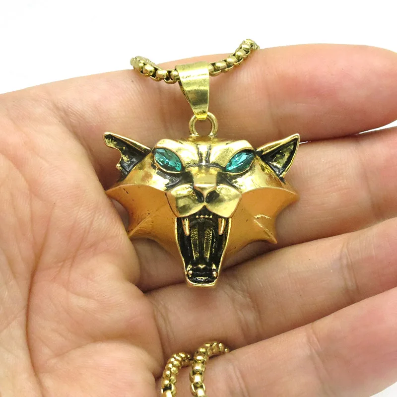 Cat Medallion Necklace with Wild Monster Hunter Theme | Wizard School Cosplay Pendant with Green Rhinestone and Gold Color | Perfect for Fans of Cat Game | NK0247 image 4