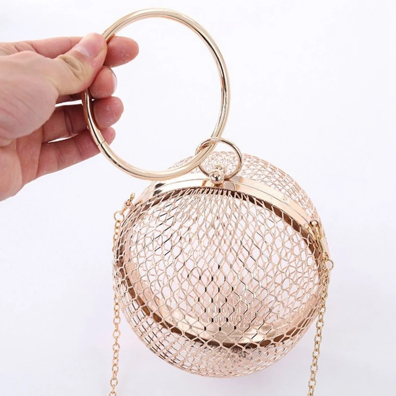 Metal Ball Women Shoulder Bag Gold Cages Women Round Hollow Out Clutch Bag Evening Ladies Wedding Party Bags CrossBody Purse