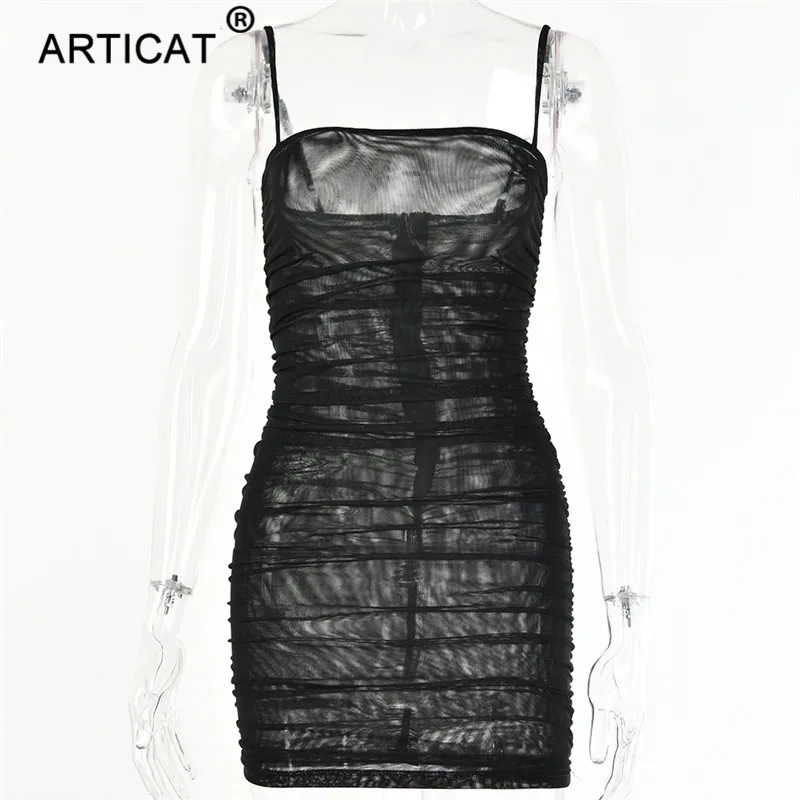 Articat, Двухслойное, Сетчатое, прозрачное, сексуальное платье, для женщин, на тонких бретелях, без рукавов, облегающее платье, короткое, с рюшами, вечерние, летнее платье