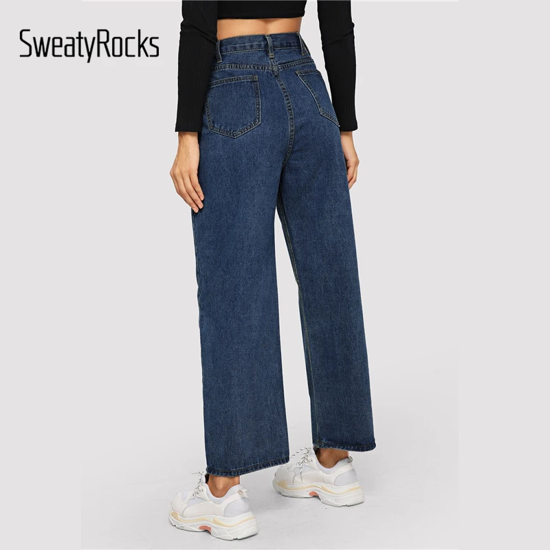 SweatyRocks, широкие женские джинсы на пуговицах, уличная одежда, одноцветные длинные джинсовые штаны с высокой талией,, летние синие повседневные свободные джинсы