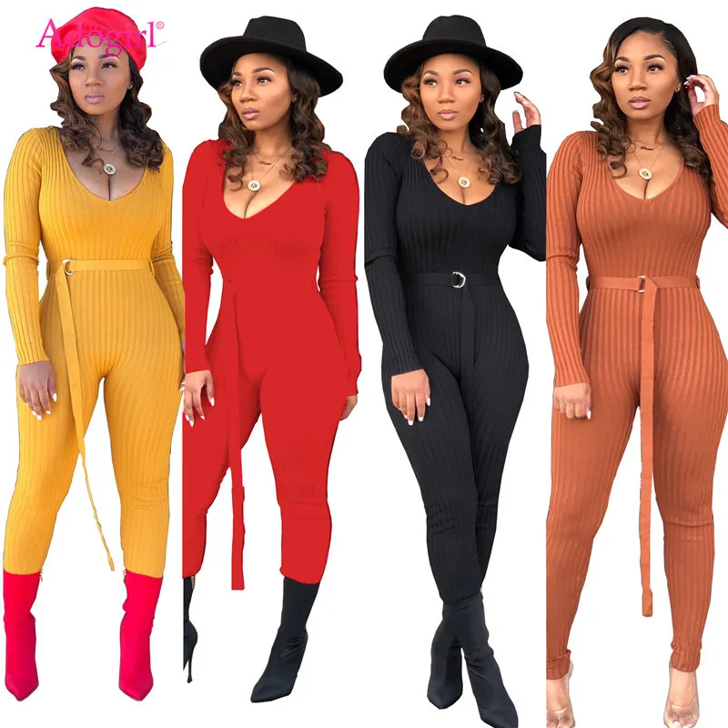 

Adogirl Solid Ribbed Knitting Skinny Jumpsuit with Belt Women Sexy Deep V Neck Long Sleeve Casual Romper Club Overall Tracksuit