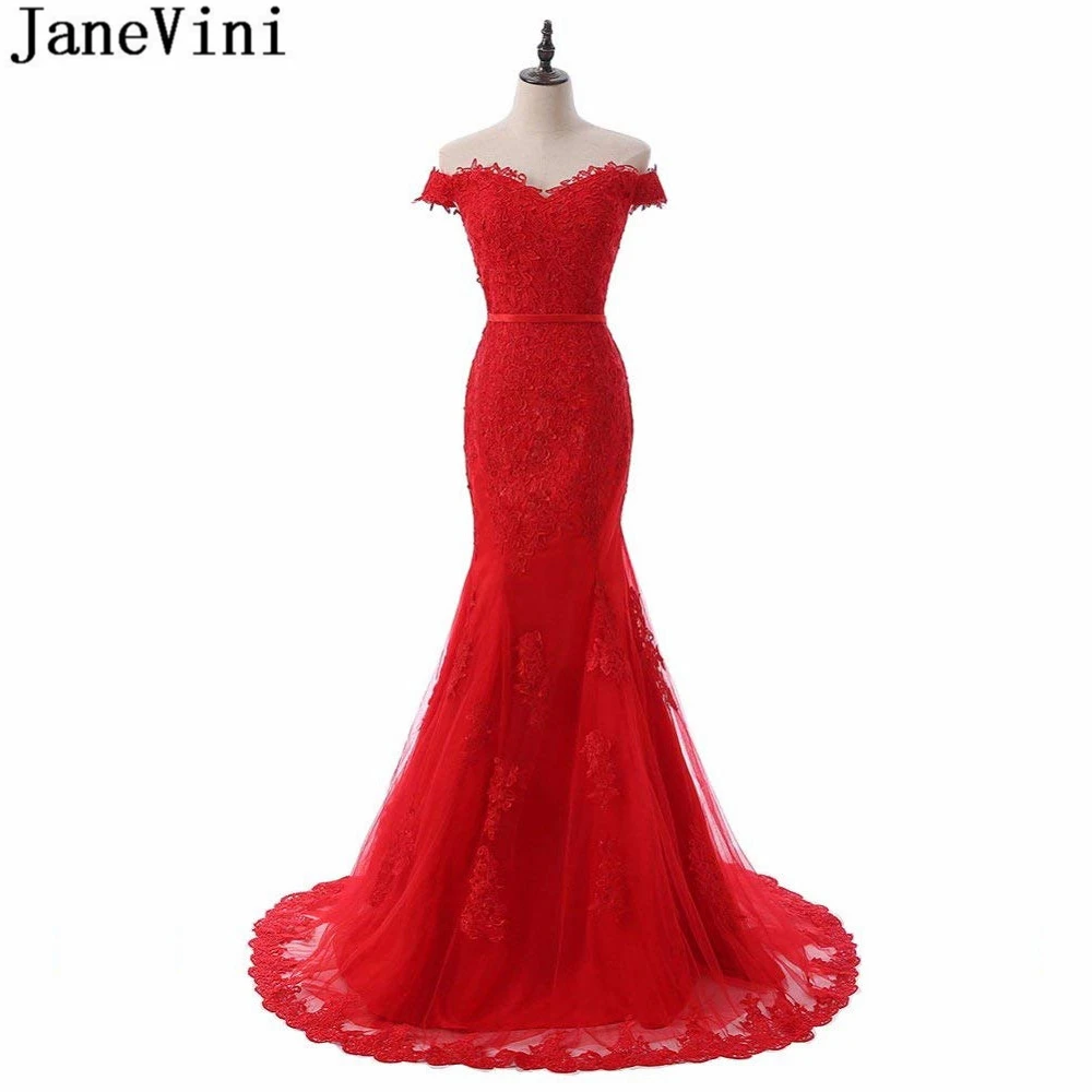 

JaneVini 2018 Red Tulle Long Bridesmaid Dresses with Lace Appliques Sweetheart Button Back Mermaid Sweep Train Prom Party Gowns