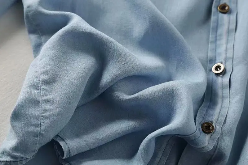 Tencel Джинсовая женская рубашка мягкие джинсы длинная рубашка с вышивкой с длинными рукавами светло-голубые цветы повседневные свободные топы уличная одежда