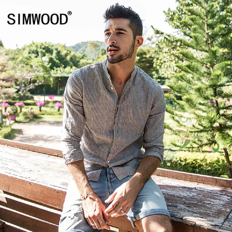 SIMWOOD рубашки домашние муж. для мужчин 100% чистый лен 2019 сезон: весна лето рубашка с
