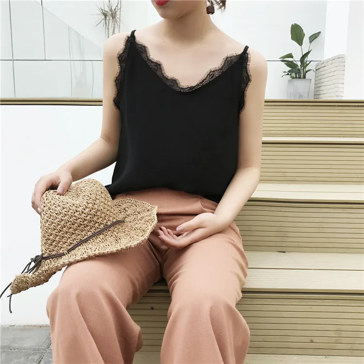 Для женщин сексуальные топы без рукавов Майки модные летние кружевные шифон