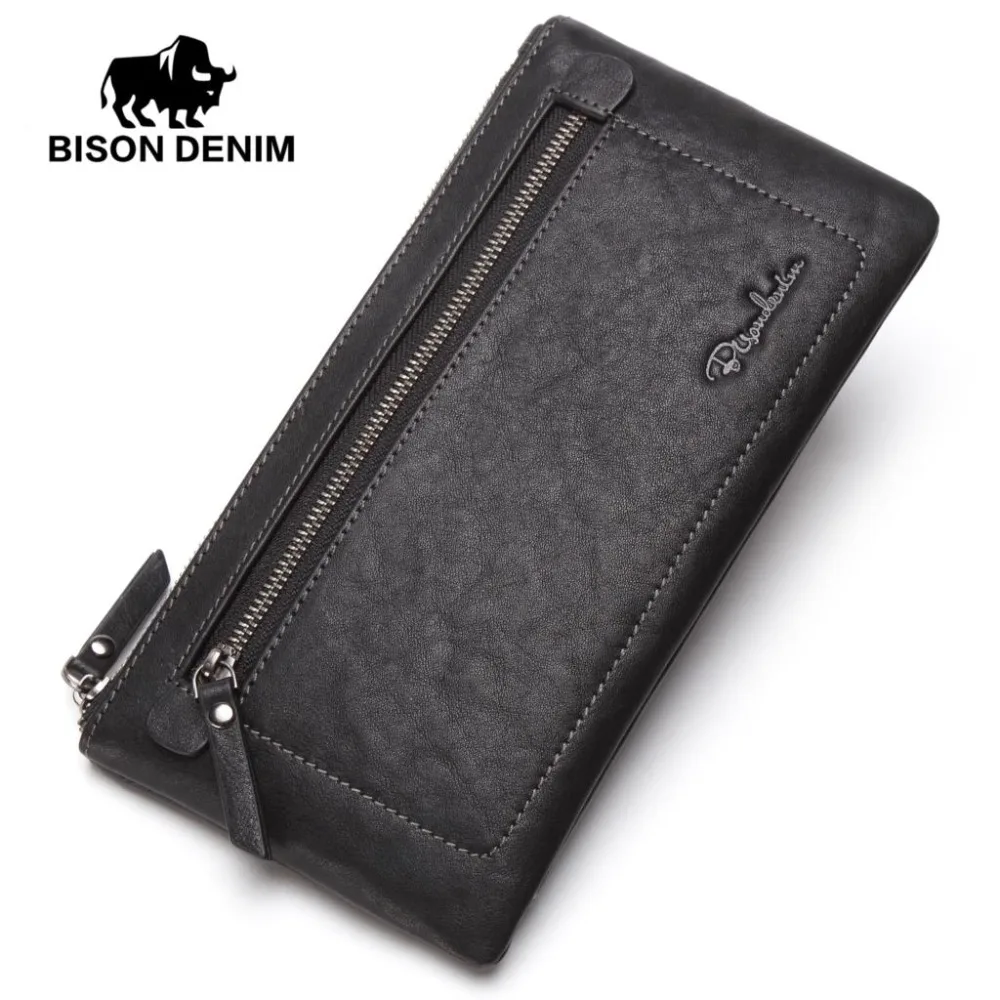 Мужской Длинный кошелек из воловьей кожи BISON DENIM натуральной на молнии с