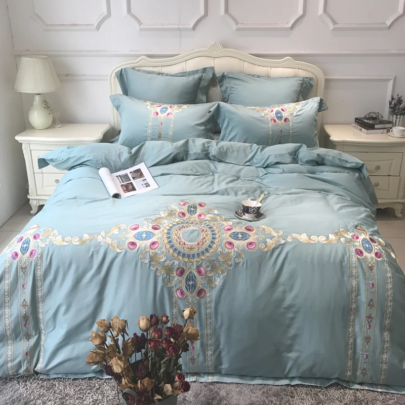 Blue luxury Embroidered 120S Egyeptian cotton Royal Bedding sets Queen King Wedding Duvet cover Bed sheet set Pillowcases 4pcs | Дом и сад