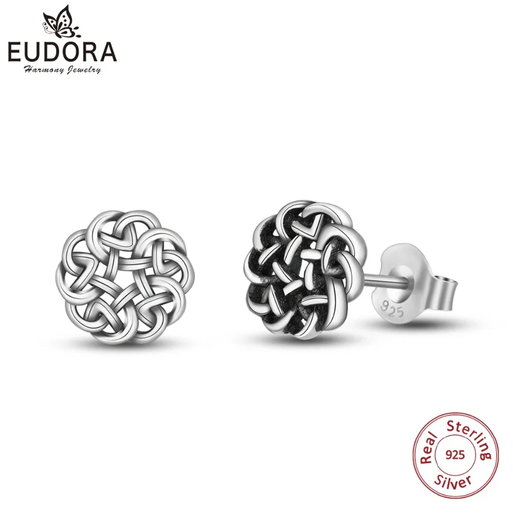 Серьги пусеты EUDORA из натурального 925 пробы серебра с узлом и цветами винтажные