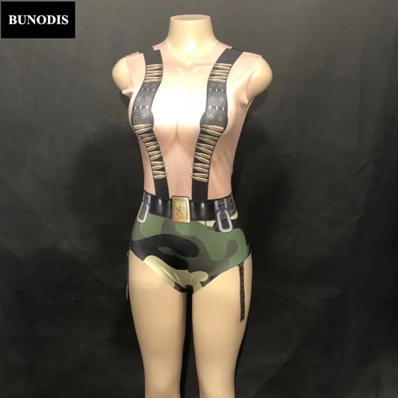 BU265 Women Army Camouflage Sexy Bodysuit Sleeveless 3D Printed Jumpsuit Nightclub Party Celebrate Performance Dancer Stage Wear