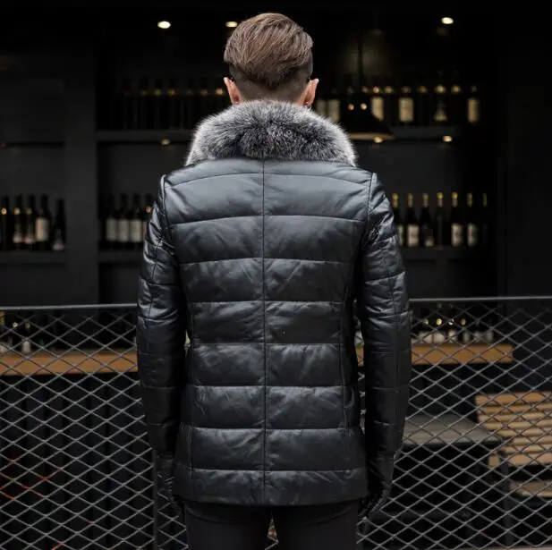 Мужской пуховик из натуральной овечьей кожи черная куртка с воротником Меха