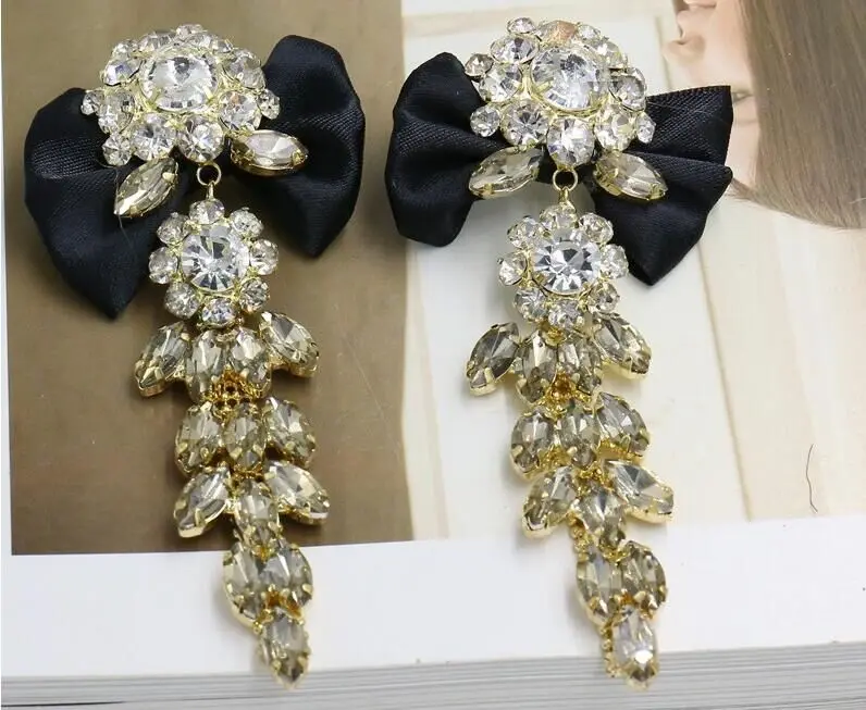 earring Барокко лента большой бант с кристаллами цветок длинные висячие серьги для женщин Роскошные инкрустированные серьги цирконовые Подиумные украшения дамы - Окраска металла: earring