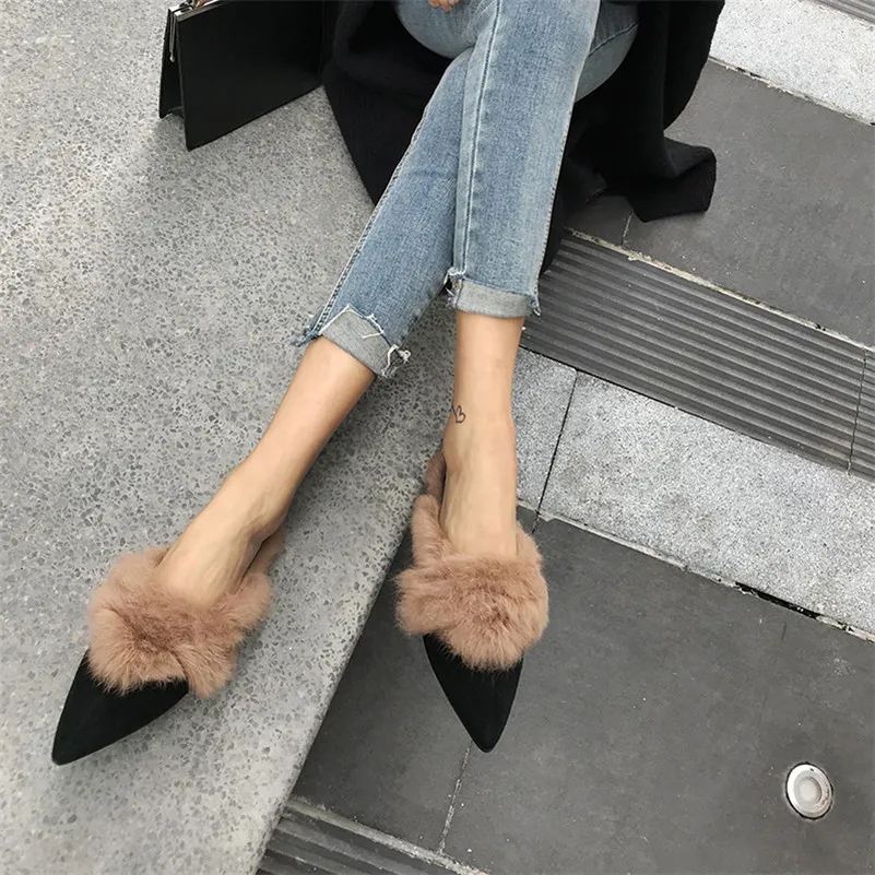 

CONASCO New Brand Women Flats Heels Casual Shoes Woman Fur Party Wedding Shoes Sexy Pointed Toe Mules Shoes Ladies Warm Flats