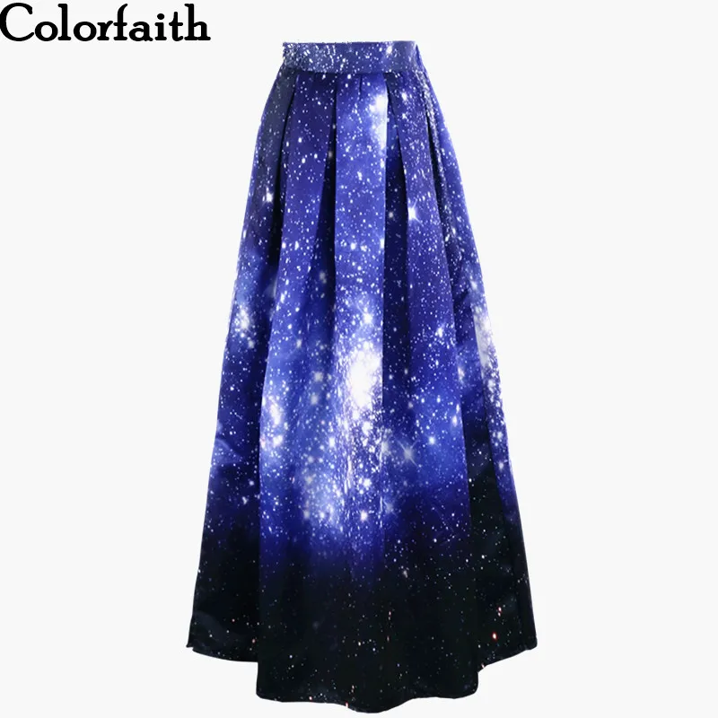 

Colorfaith 2022 Satin 100cm High Waist Flared Maxi Starry Sky Printed Pleated Floor Length Wild Women Long Skirts Saias SP030