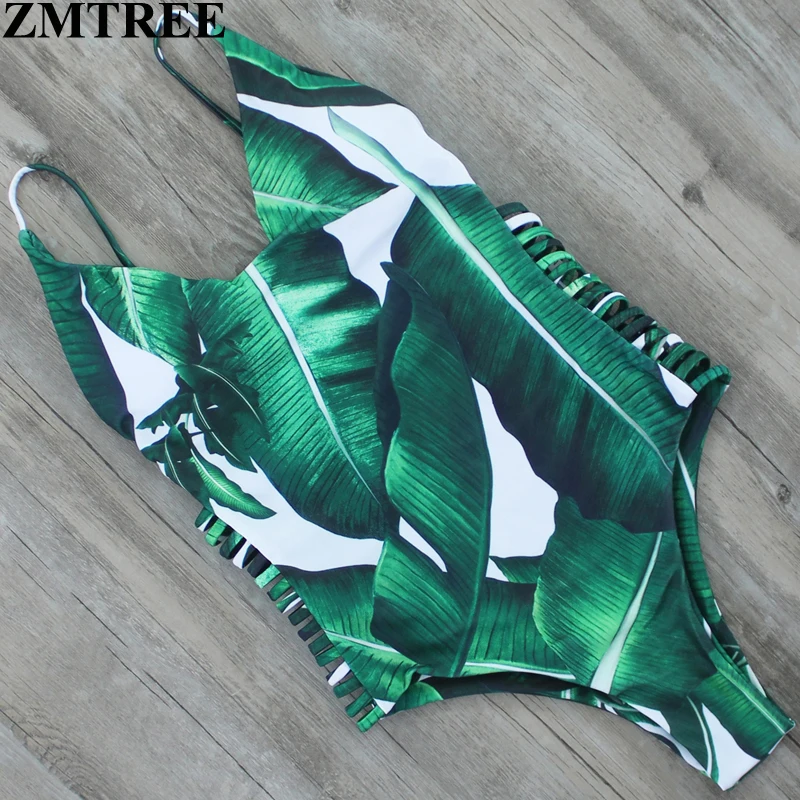 ZMTREE 2017 Новый сплошной купальник с зелеными листьями высоким вырезом женский