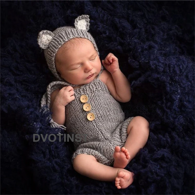 Dvotinst Baby Newborn Photography Props Panda Fox Hat+Doll 2pcs Set Crochet Knit Fotografia Accessories Studio Shoots Photo Prop | Детская