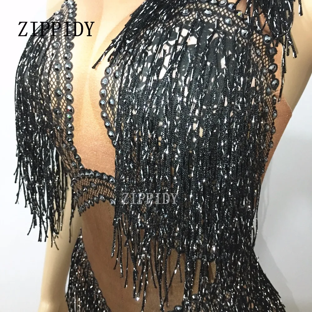 Shining Black Tassel Bodysuit Nigthclub Rhinestones Outfit Glisten stones One-piece Headpiece Costume Stage Leotard Headdress