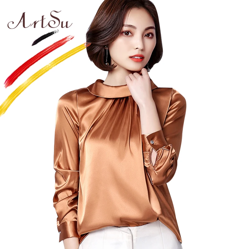 

ArtSu Fashion Silk Satin Women Blouse Plus Size Round Neck Long Sleeve Casual Top 2018 Autumn Winter Work Shirt Camisas Mujer