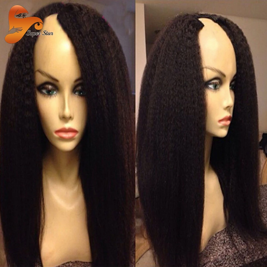 Лучший Kinky Прямая U Часть Человеческих Волос Парики Девы кружева Перед Чернокожих