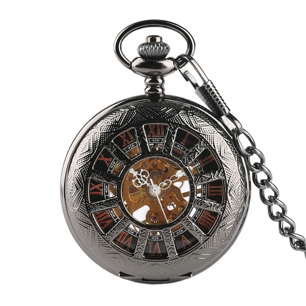 Vintage Luxury Brand Necklace Mens Pocket Watch, Black Steampunk Skeleton Mechanical Pocket Watch for Man, Clock Pocket Watches