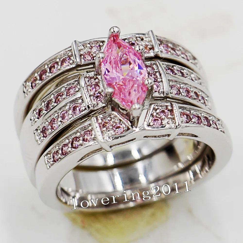 

Luxury Jerwelry Engagement Marquise Cut Pink 5A CZ 14KT White Gold Filled 3 in 1 Wedding Women Band Ring Set Size 5-11