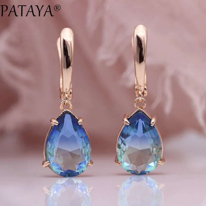 Gradient Blue PATAYA, новые серьги в форме капель воды, турмалин, цветные, для женщин, милые, для свадьбы, вечеринки, хорошее ювелирное изделие, 585, розовое золото, натуральный CZ, свисающие серьги - Окраска металла: Gradient Blue