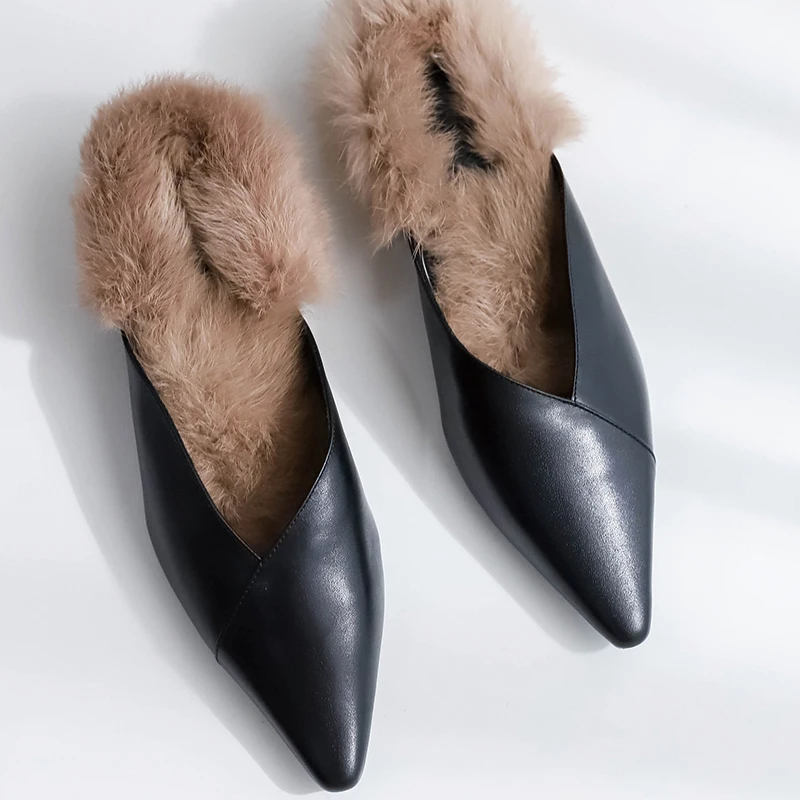Women's genuine leather warm plush slip-on mules autumn pointed toe high heels leisure dress pumps quality shoes for women | Обувь
