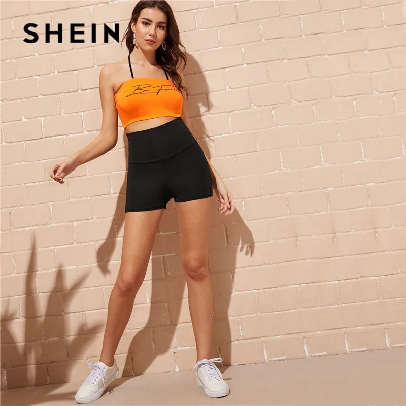 SHEIN Wide Waistband Criss Cross Back Shorts Women Solid Sporty High Waist Shorts Skinny Elastic Waist Stretchy Summer Shorts