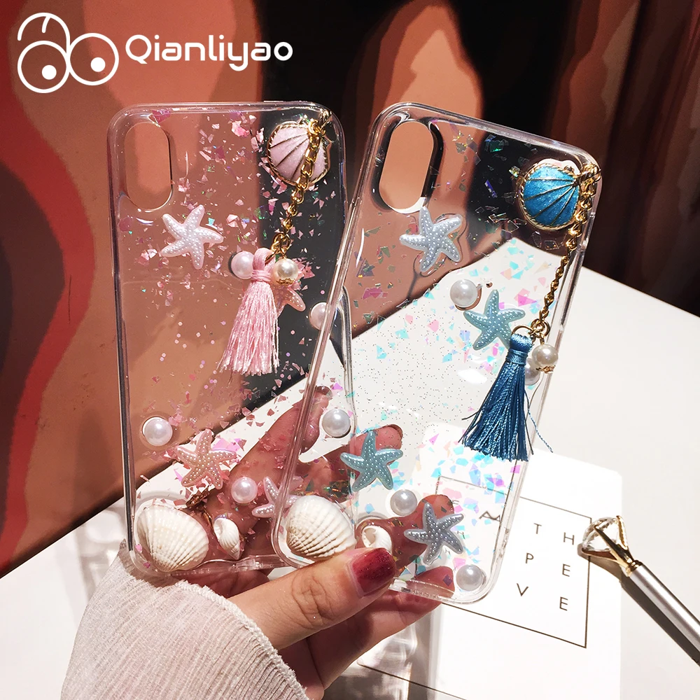 Чехол Qianliyao для iPhone XS Max XR милый 3D чехол с жемчужинами ракушками кисточками мягкий
